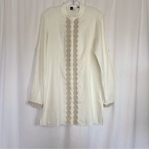 SAKS FIFTH AVENUE THREADS Button Down Embroidered Linen Tunic Size M Long Sleeve